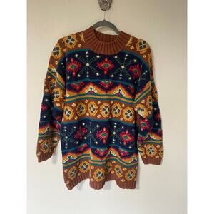 VTG Paul Harris Cotton Blend 3D knit Colorful Geometric Aztec Mock Neck Sweater